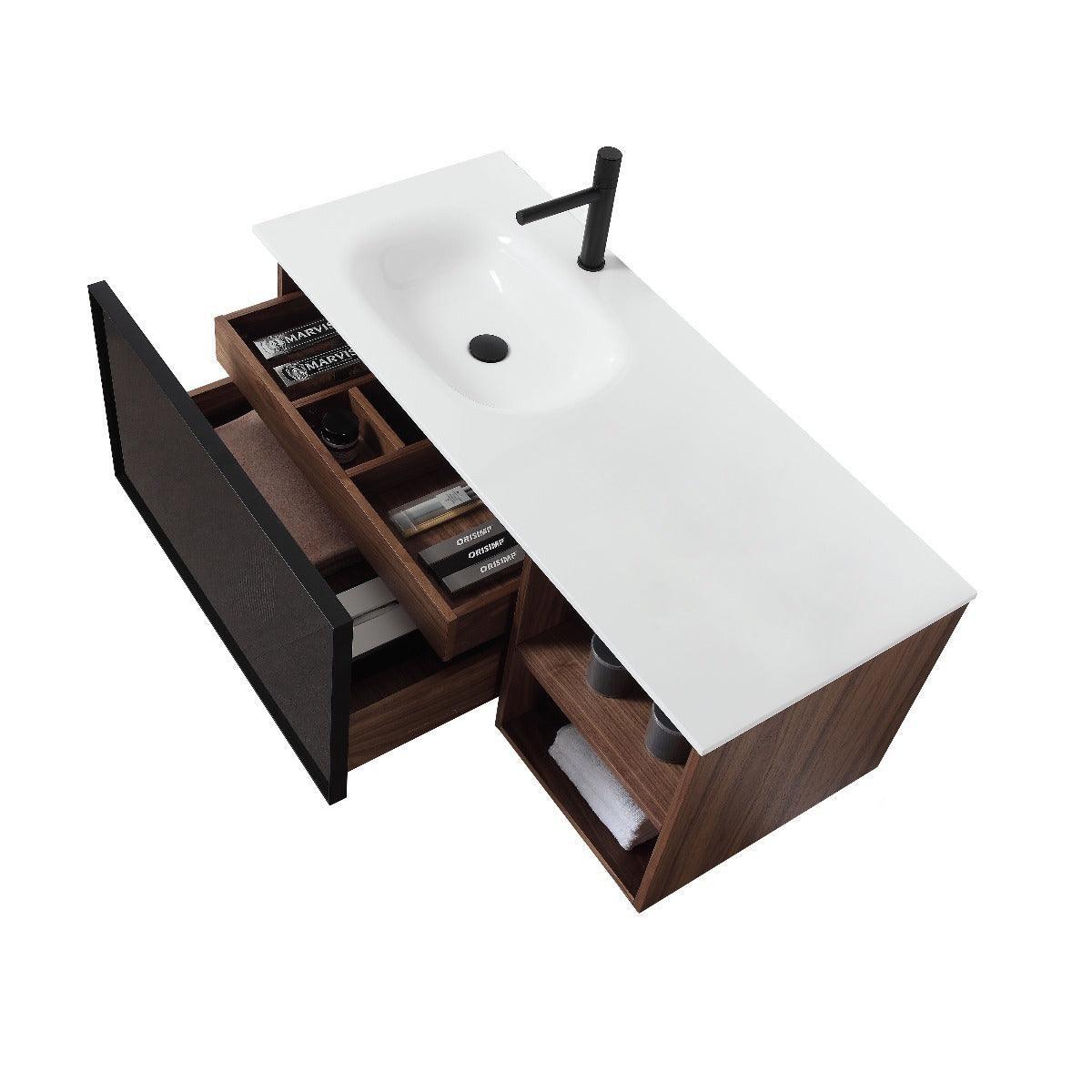 48" Walnut Wall Mount Single Sink Bathroom Vanity with White Solid surface Countertop - Image 3