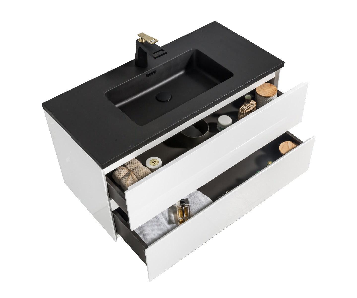 40" White Wall Mount Bathroom Vanity with Black Engineered Quartz Countertop – Image 5