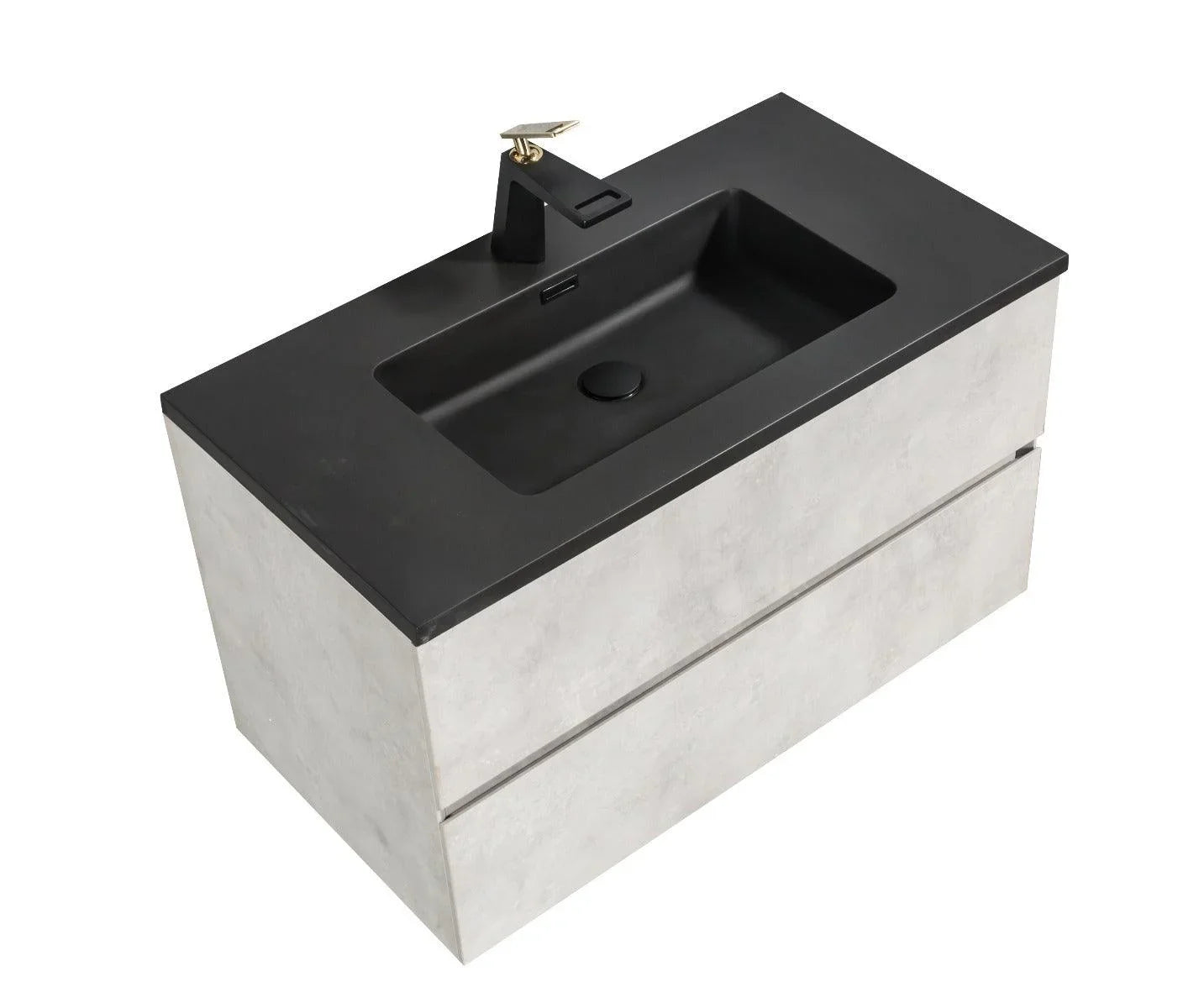 36" Grey Wall Mount Bathroom Vanity with Black Engineered Quartz Countertop - Image 2
