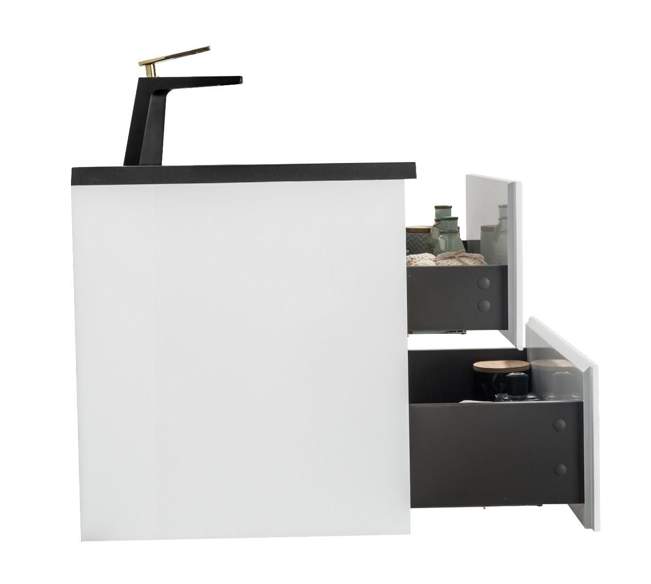 30" White Wall Mount Bathroom Vanity with Black Engineered Quartz Countertop – Image 5