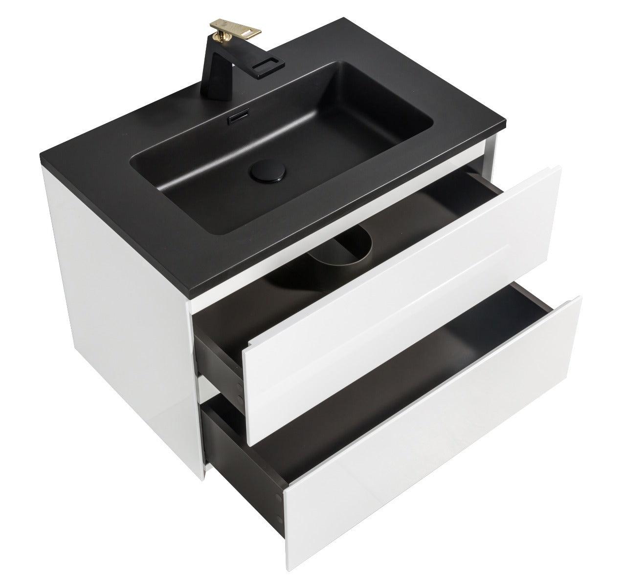 30" White Wall Mount Bathroom Vanity with Black Engineered Quartz Countertop – Image 4