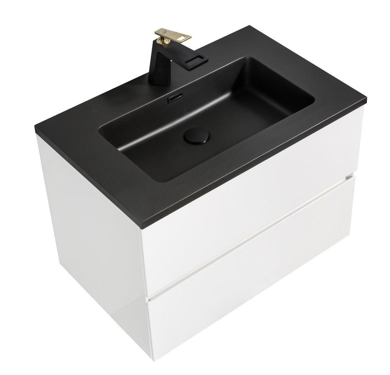 30" White Wall Mount Bathroom Vanity with Black Engineered Quartz Countertop – Image 3