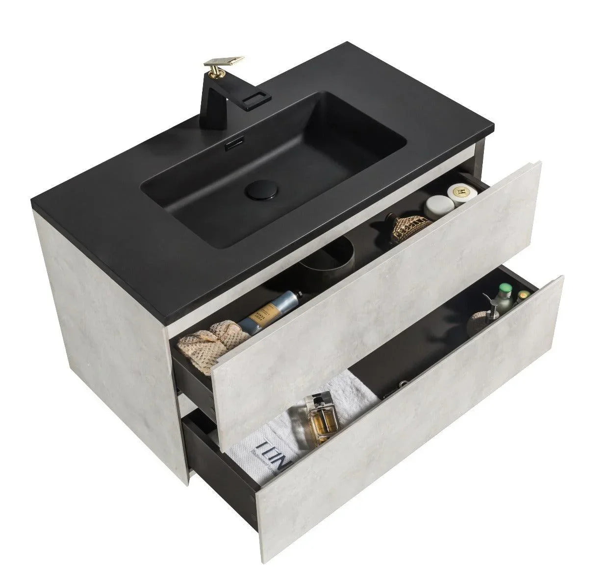 36" Grey Wall Mount Bathroom Vanity with Black Engineered Quartz Countertop – Image 5