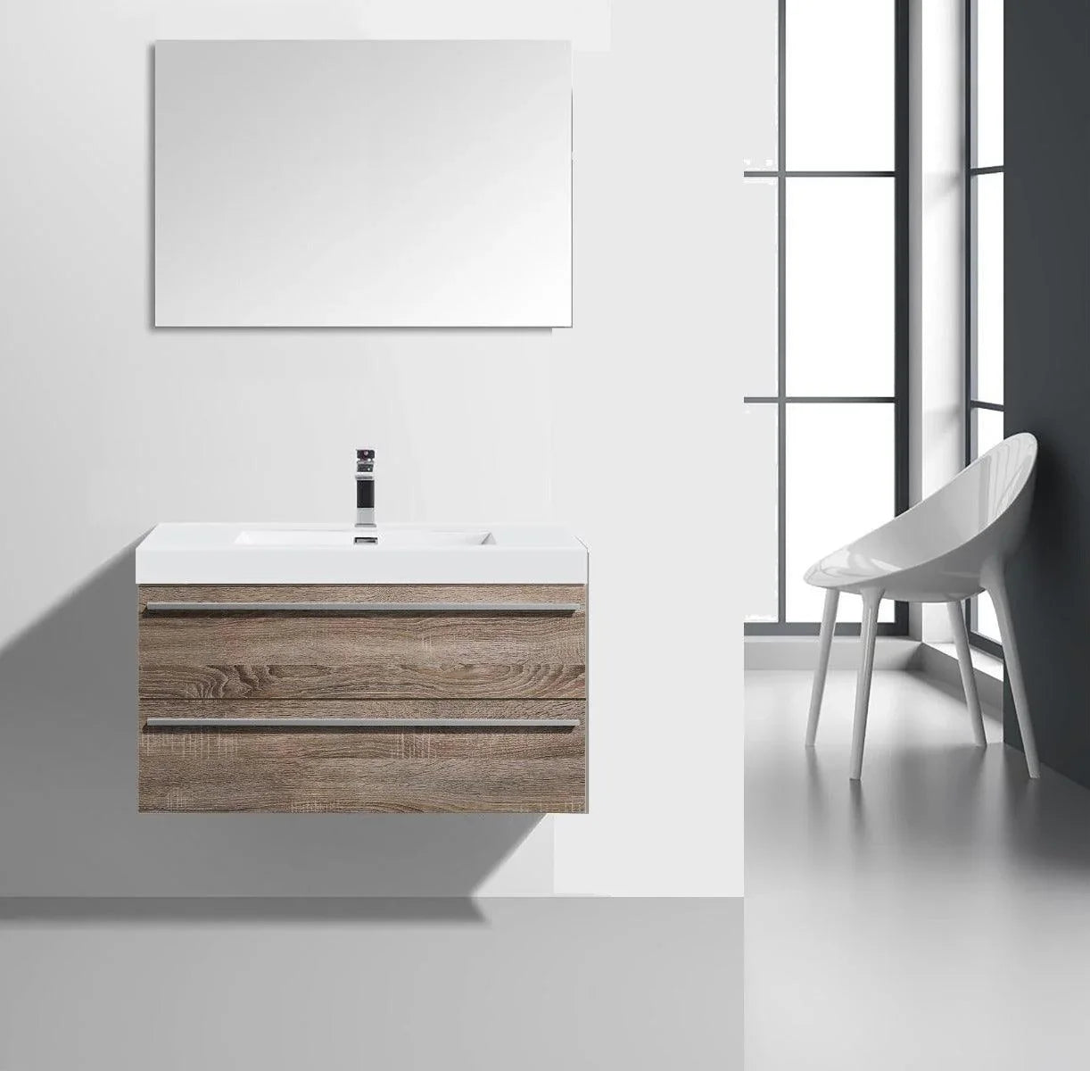 36" Soft Oak Wall Mount Bathroom Vanity with White Polymarble Countertop Sofia – Image 8