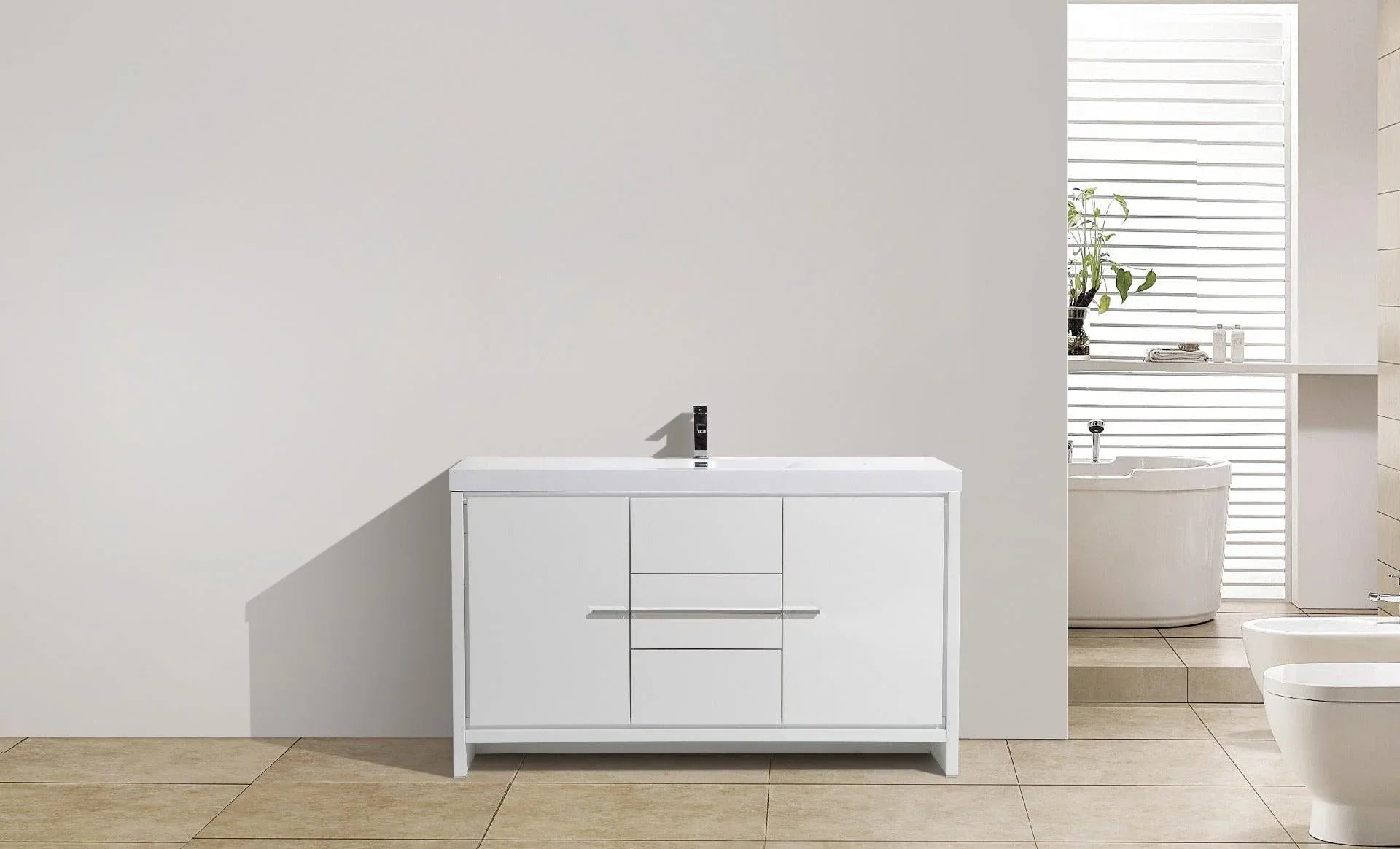 60" Glossy White Freestanding Single Sink Bathroom Vanity with White Polymarble Countertop – Image 3