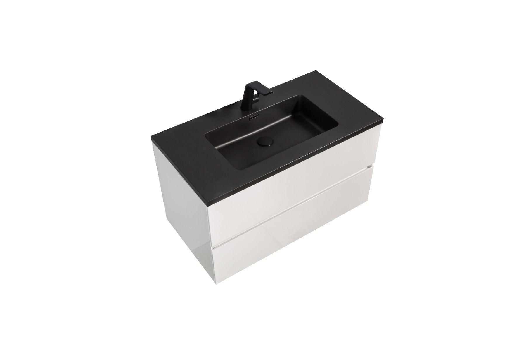 36" White Wall Mount Bathroom Vanity with Black Engineered Quartz Countertop – Image 3