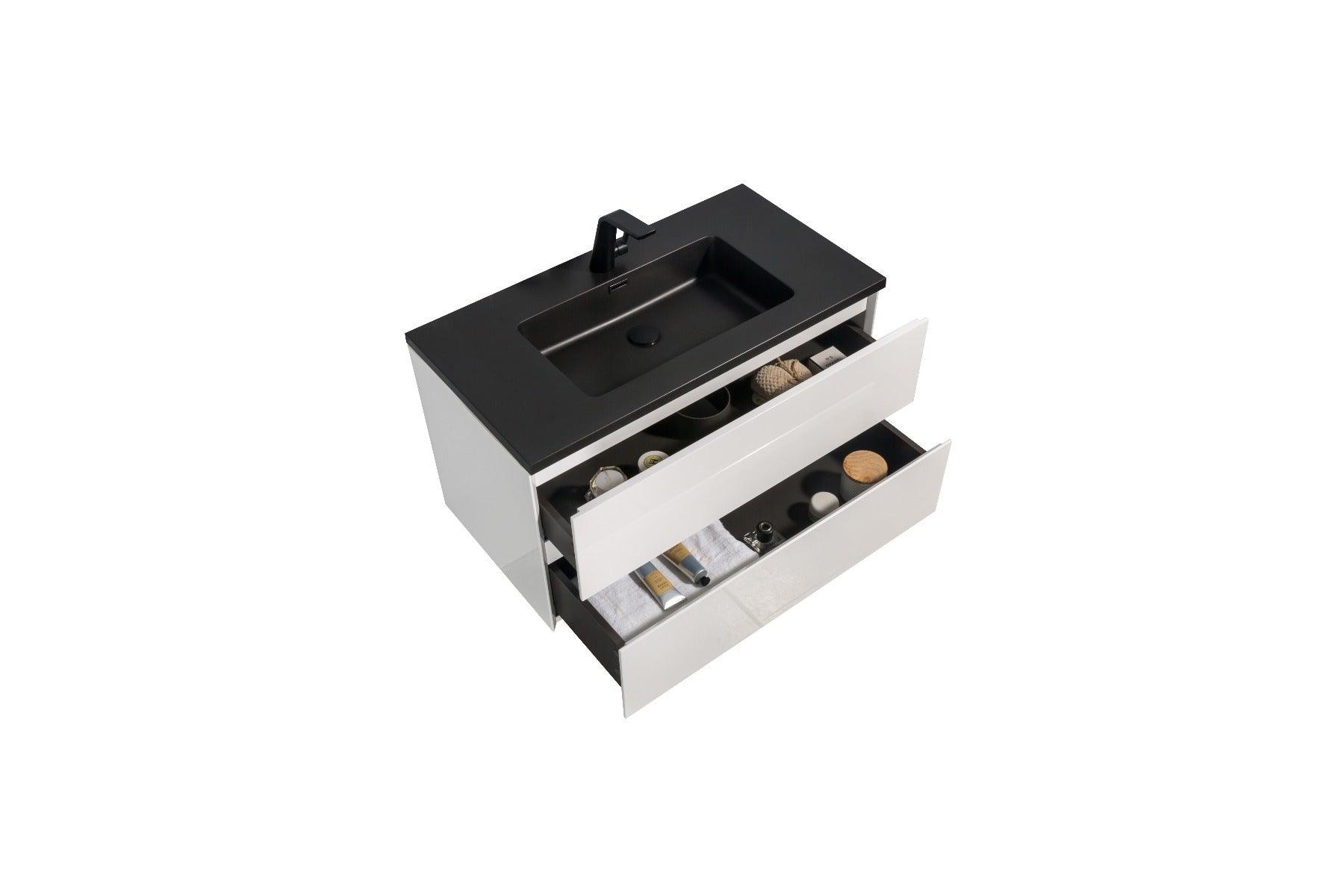 36" White Wall Mount Bathroom Vanity with Black Engineered Quartz Countertop – Image 4