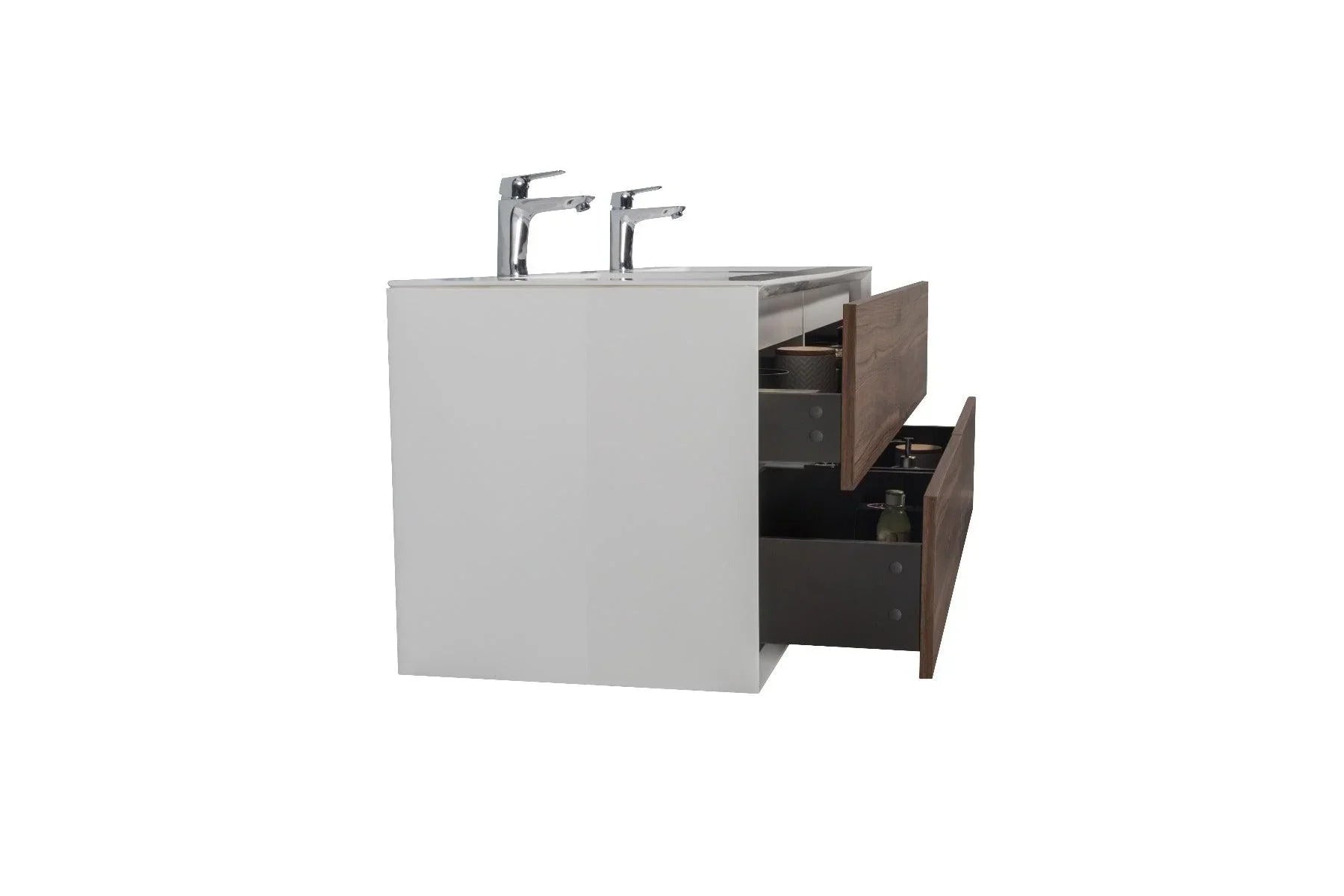 60" Walnut Wall Mount Double Sink Bathroom Vanity with White Polymarble Countertop Fleur – Image 5