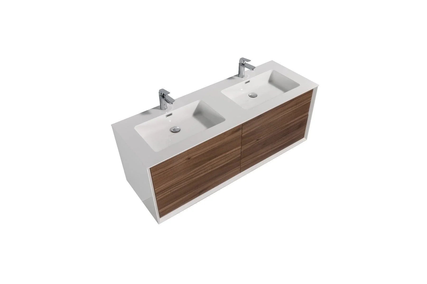 60" Walnut Wall Mount Double Sink Bathroom Vanity with White Polymarble Countertop Fleur – Image 3