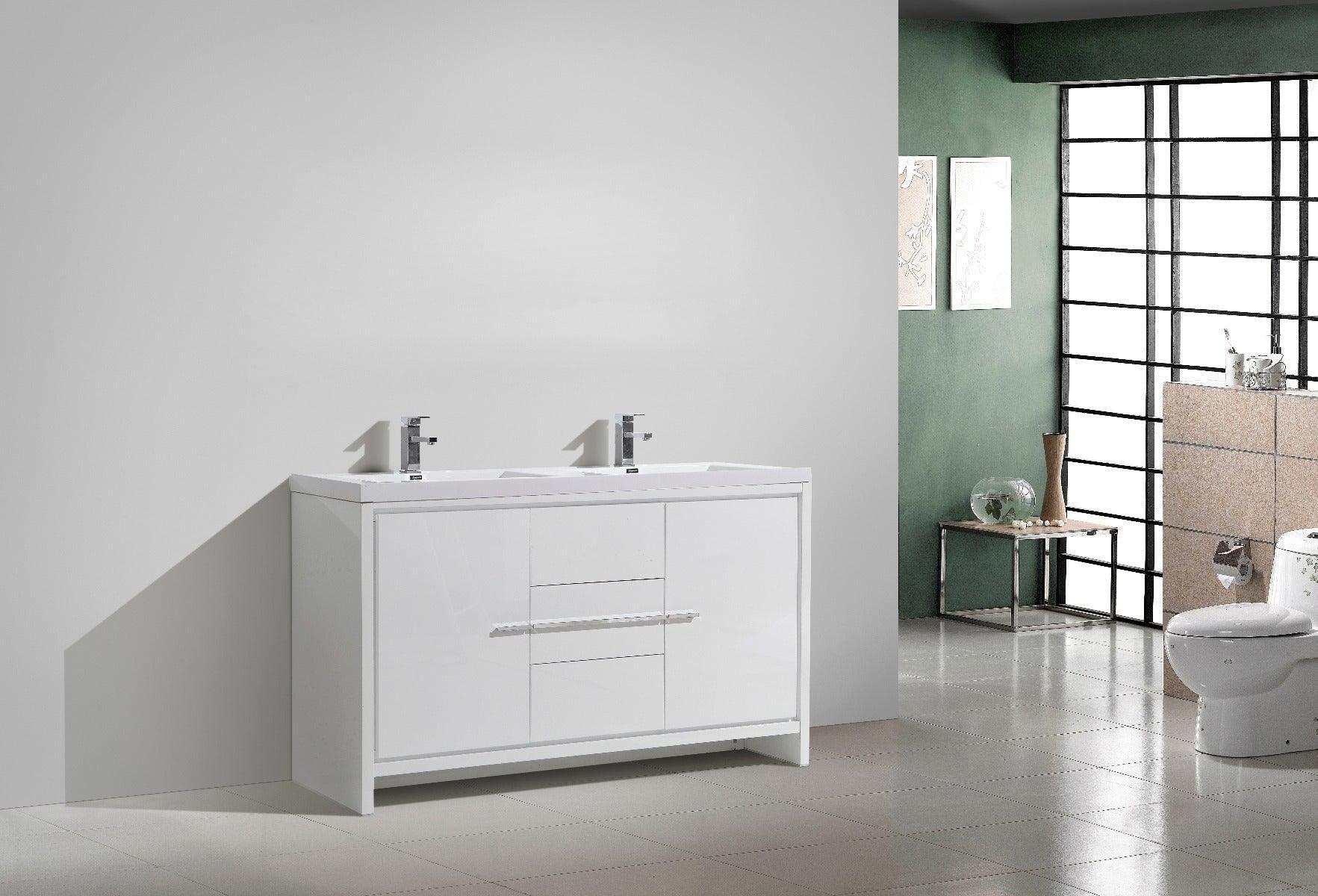 60" Glossy White Freestanding Double Sink Bathroom Vanity with White Polymarble Countertop – Image 6