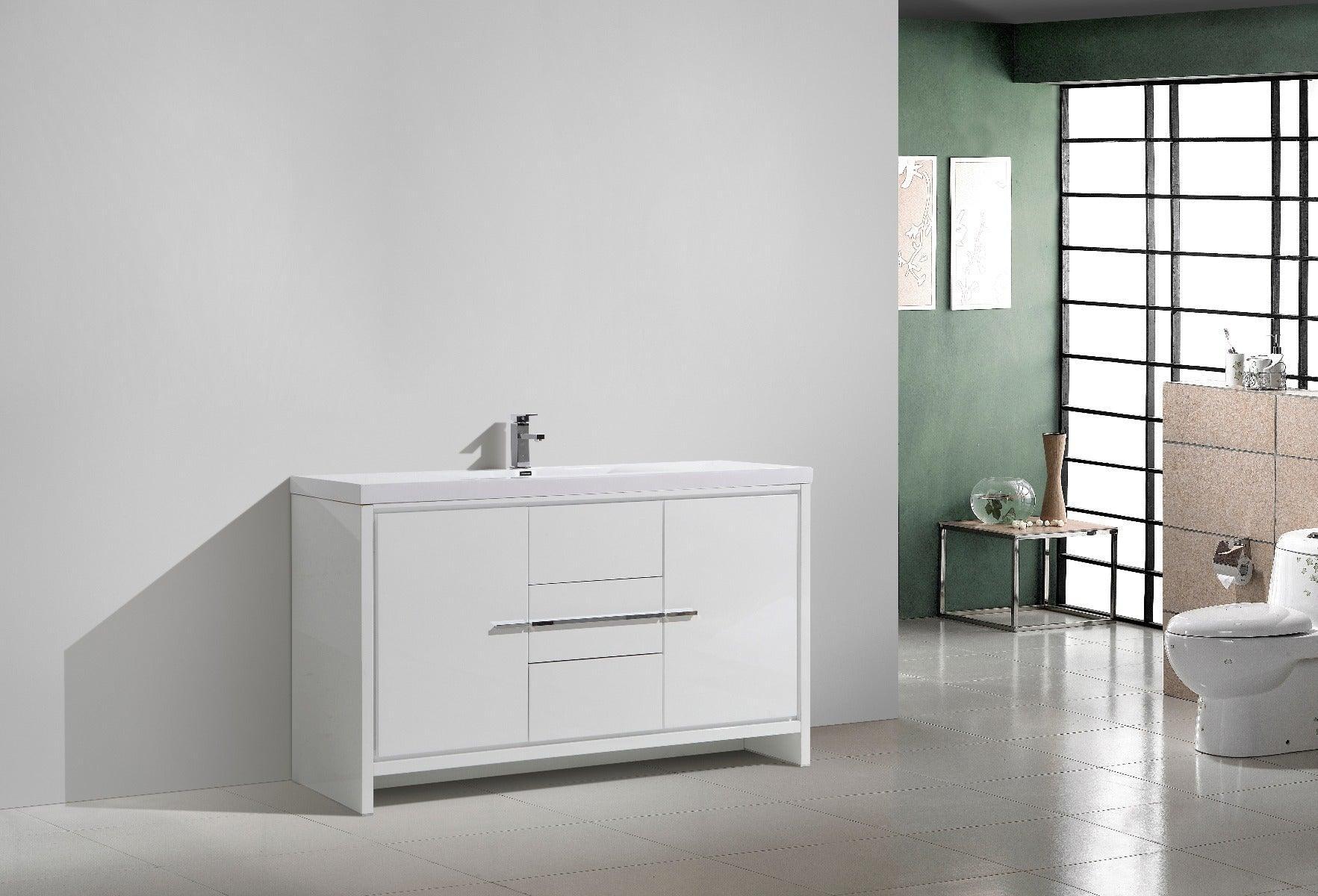 60" Glossy White Freestanding Single Sink Bathroom Vanity with White Polymarble Countertop – Image 2