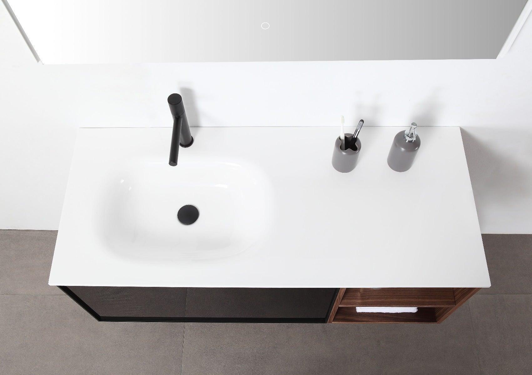 48" Walnut Wall Mount Single Sink Bathroom Vanity with White Solid surface Countertop - Image 4