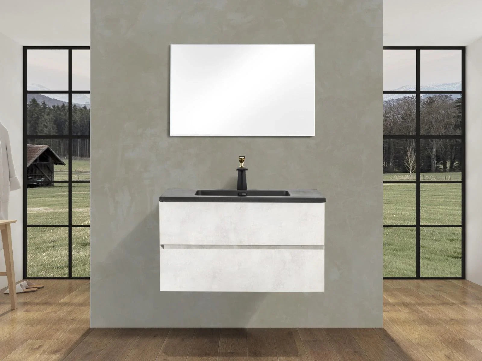 36" Grey Wall Mount Bathroom Vanity with Black Engineered Quartz Countertop - Image 1