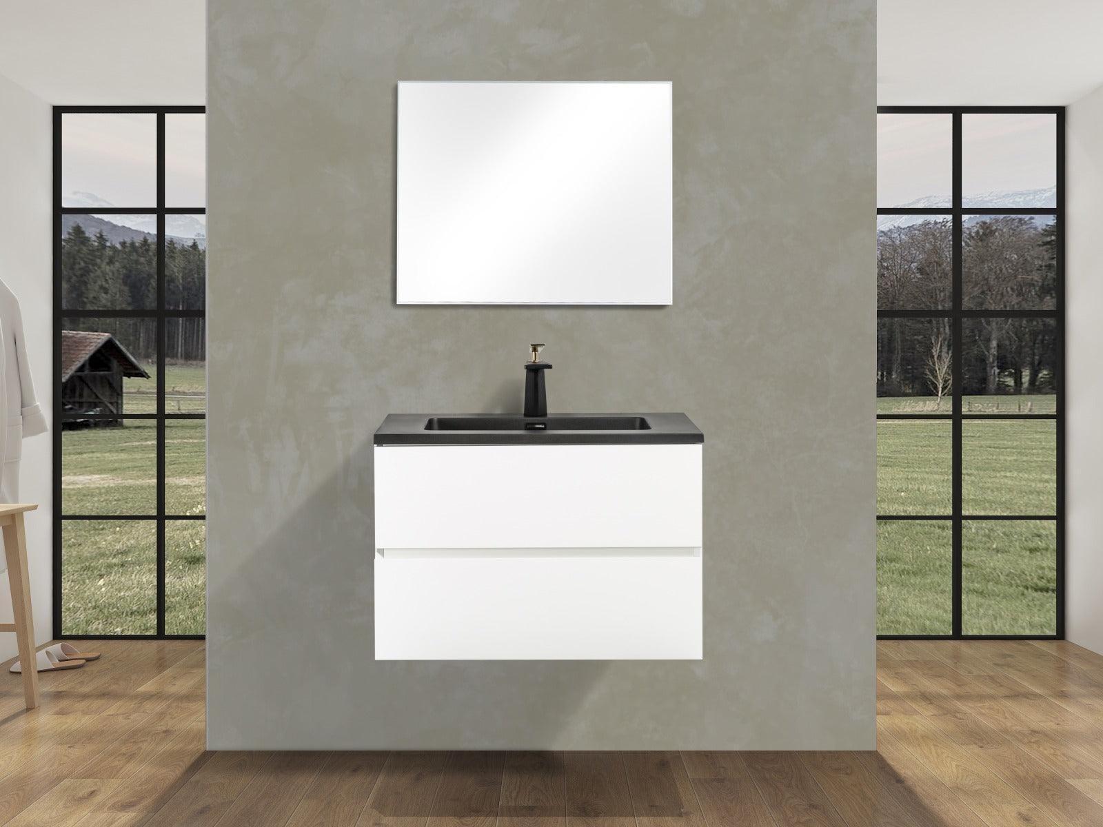 30" White Wall Mount Bathroom Vanity with Black Engineered Quartz Countertop - Image 1