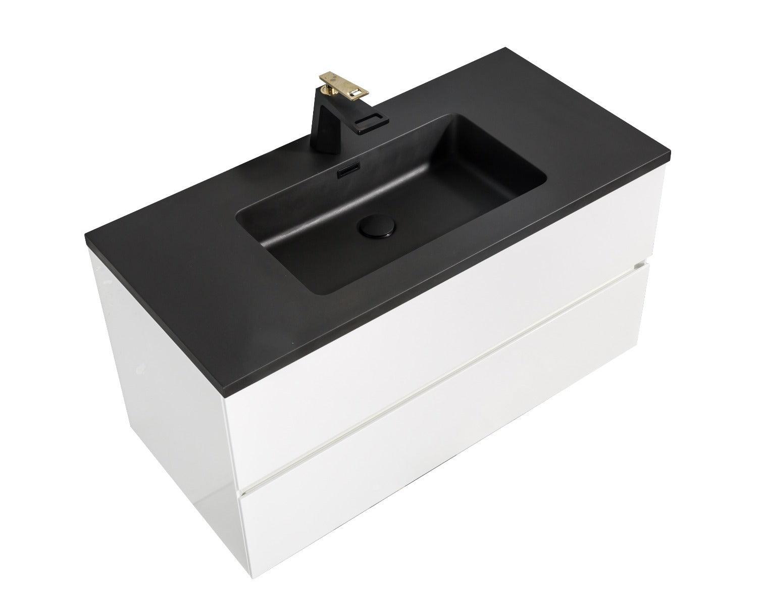 40" White Wall Mount Bathroom Vanity with Black Engineered Quartz Countertop – Image 4