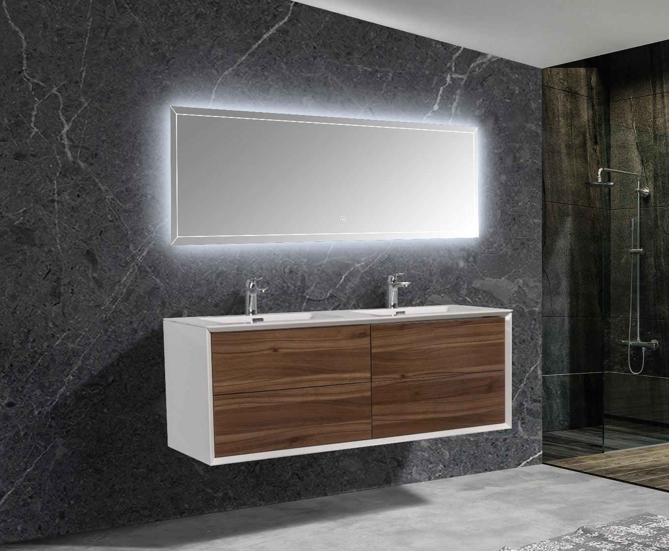 60" Walnut Wall Mount Double Sink Bathroom Vanity with White Polymarble Countertop Fleur – Image 1