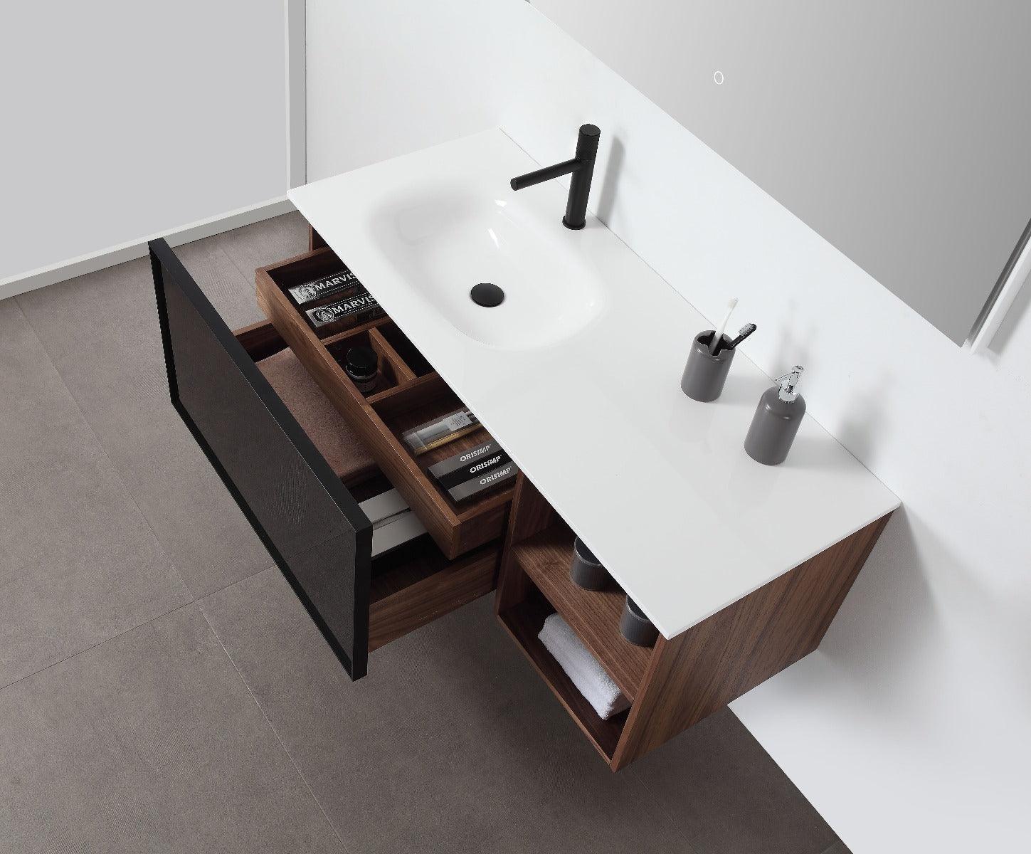 48" Walnut Wall Mount Single Sink Bathroom Vanity with White Solid surface Countertop - Image 6