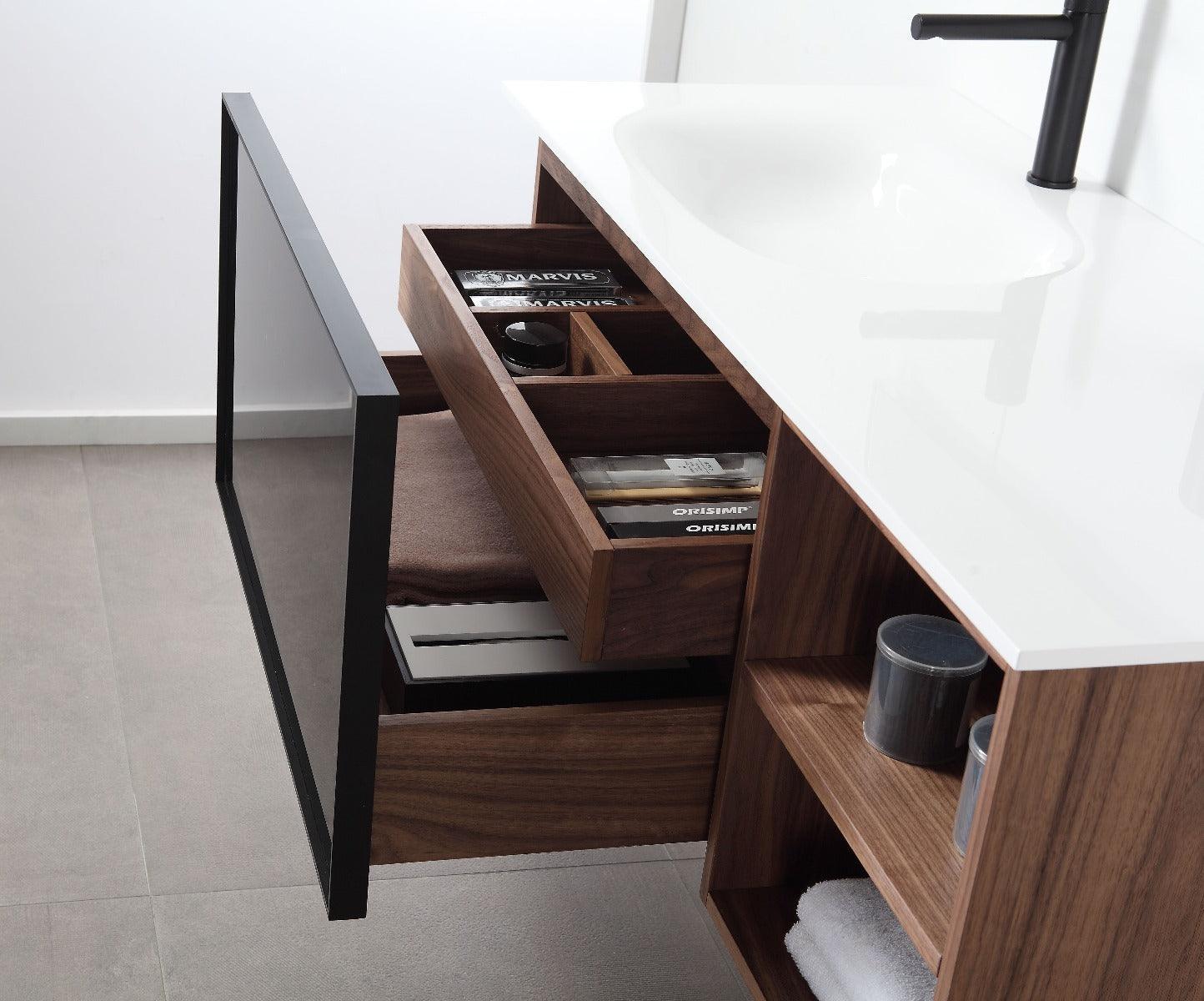 48" Walnut Wall Mount Single Sink Bathroom Vanity with White Solid surface Countertop - Image 5