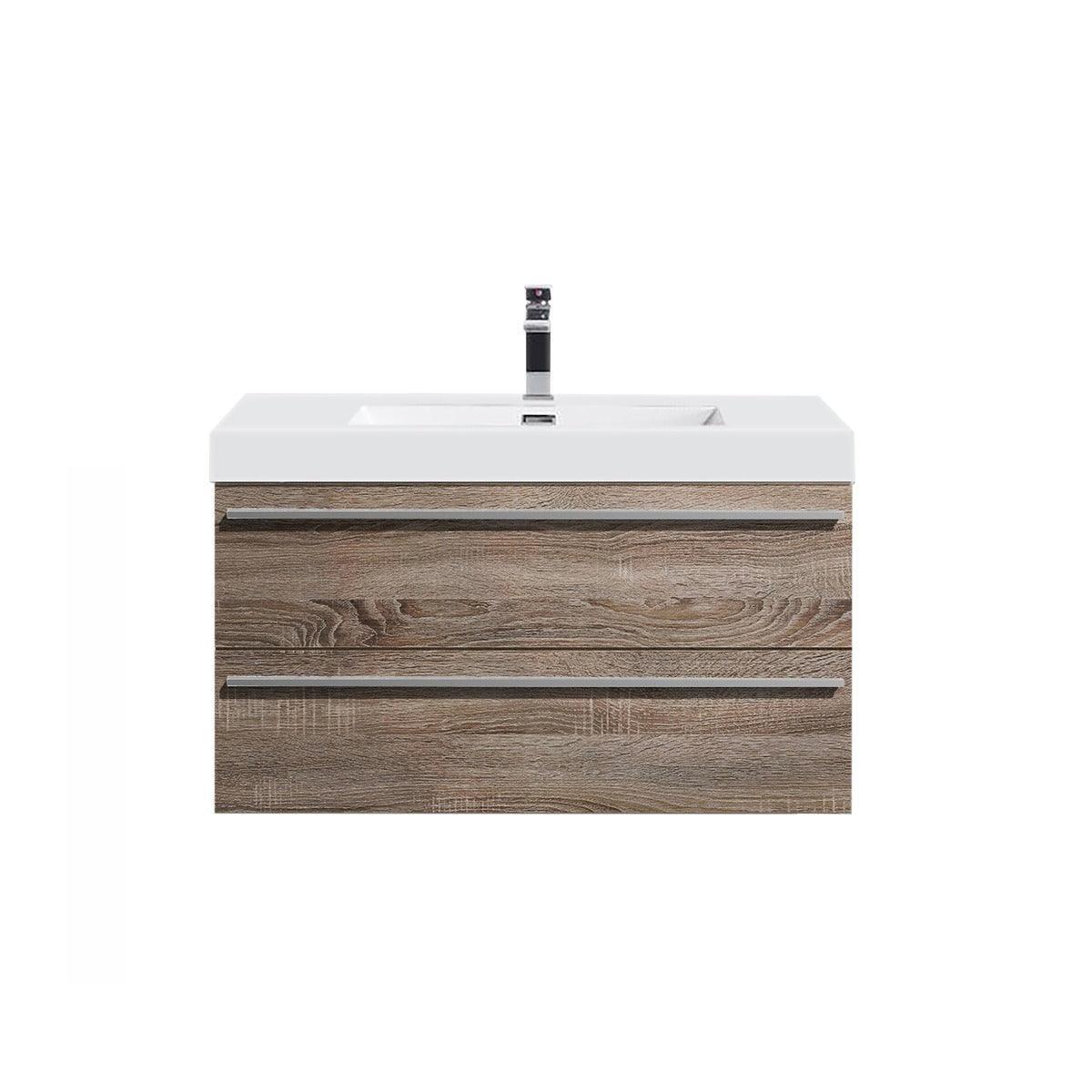 36" Soft Oak Wall Mount Bathroom Vanity with White Polymarble Countertop Sofia – Image 2