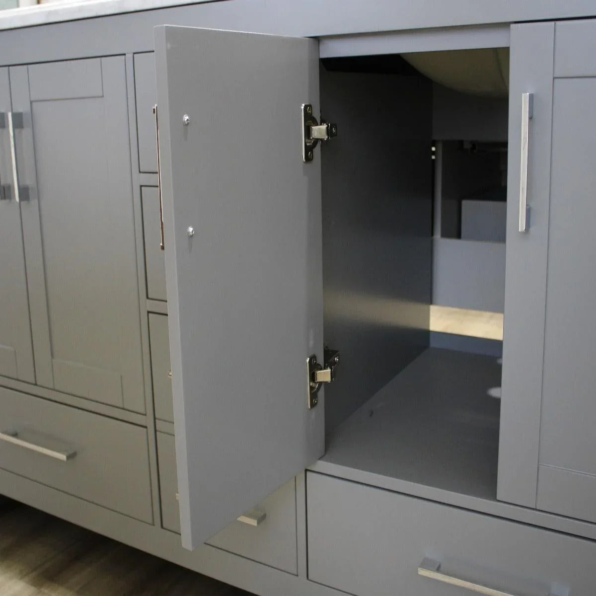 60" Light Grey Freestanding Double Sink Bathroom Vanity with Calcutta Quartz Countertop – Image 6