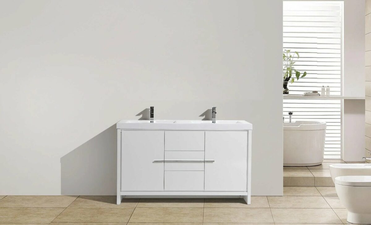 60" Glossy White Freestanding Double Sink Bathroom Vanity with White Polymarble Countertop - Image 2