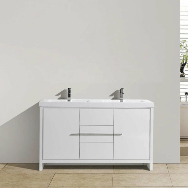 60" Glossy White Freestanding Double Sink Bathroom Vanity with White Polymarble Countertop