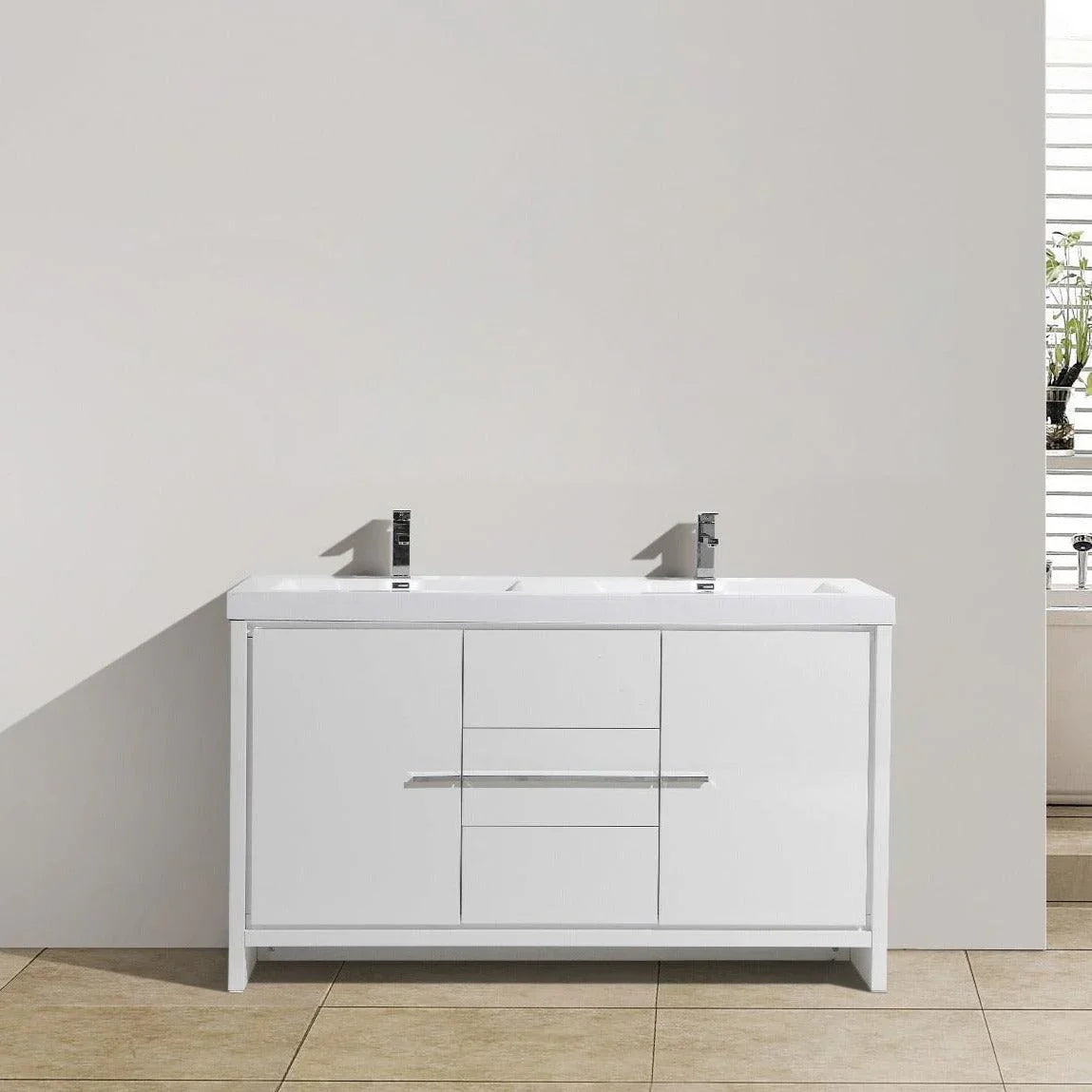 60" Glossy White Freestanding Double Sink Bathroom Vanity with White Polymarble Countertop – Image 1