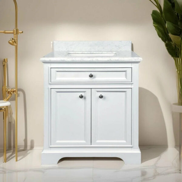 30" White Freestanding Bathroom Vanity with Carrera Marble Countertop Milan