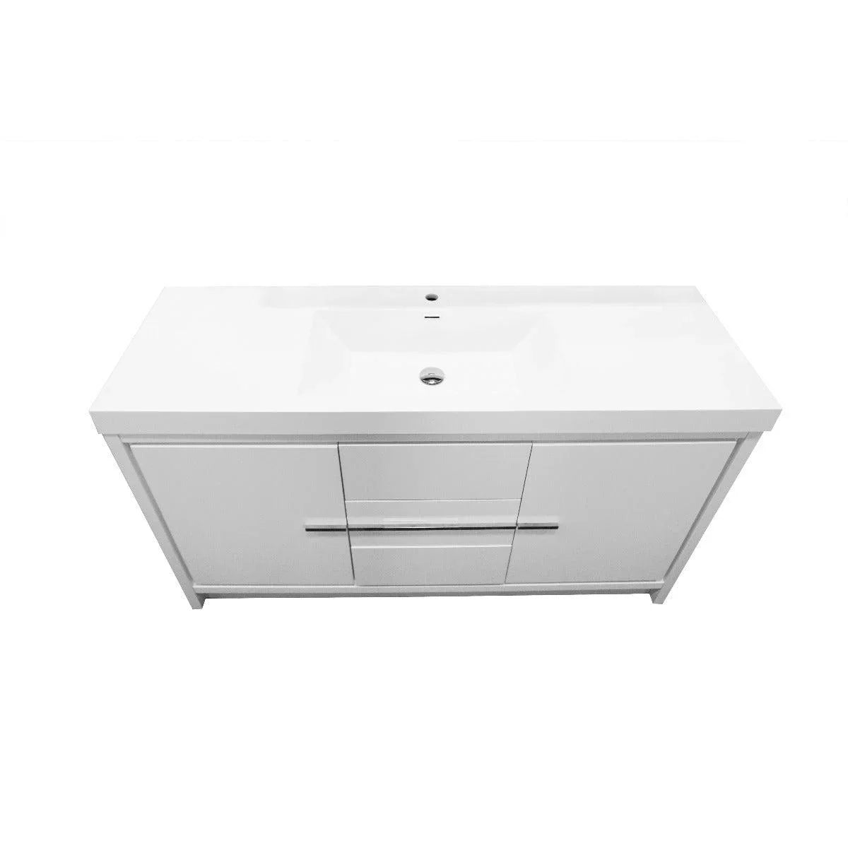 60" Glossy White Freestanding Single Sink Bathroom Vanity with White Polymarble Countertop – Image 6
