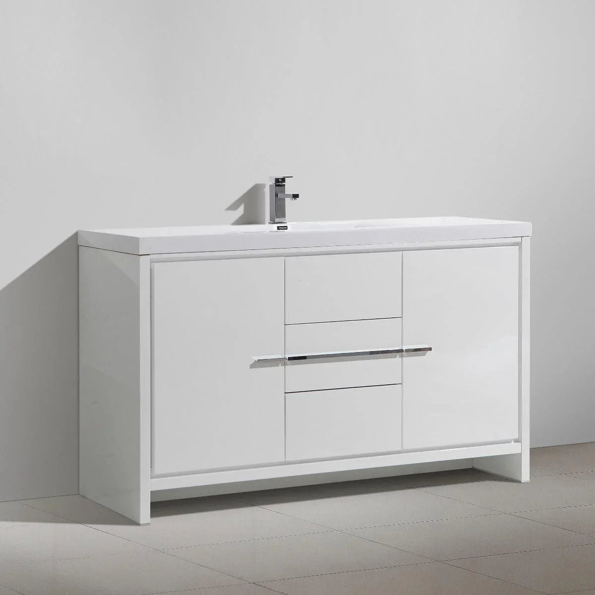 60" Glossy White Freestanding Single Sink Bathroom Vanity with White Polymarble Countertop - Image 1