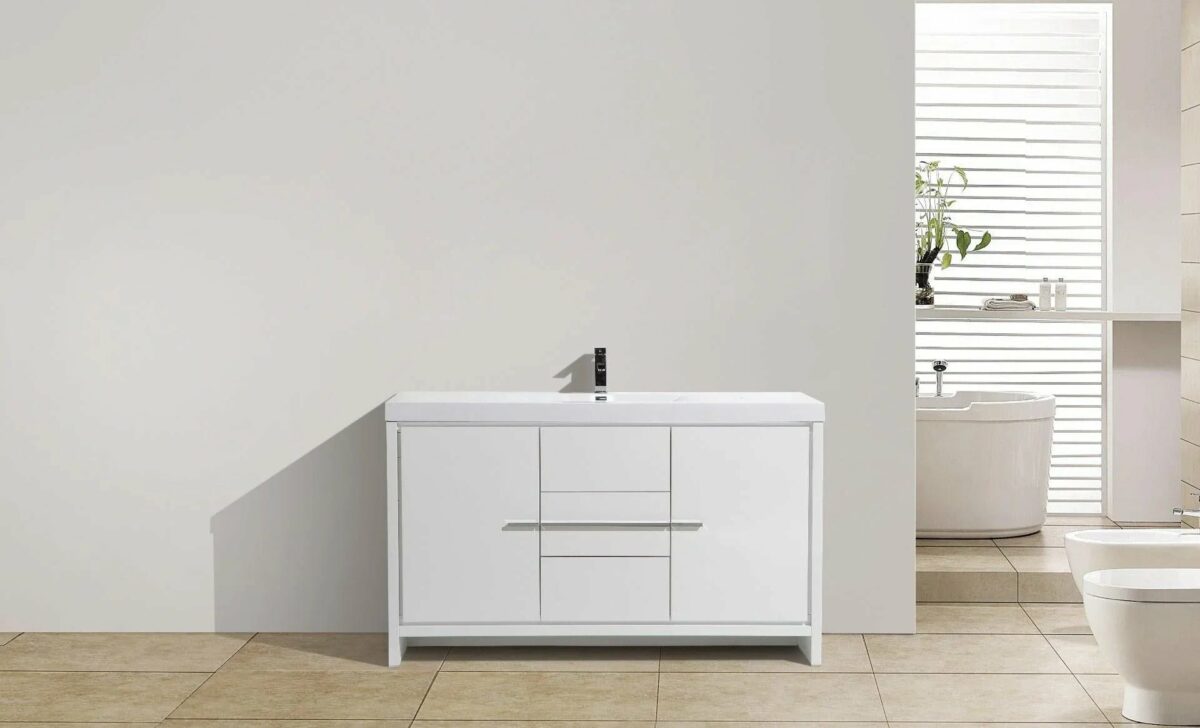 60" Glossy White Freestanding Single Sink Bathroom Vanity with White Polymarble Countertop - Image 3