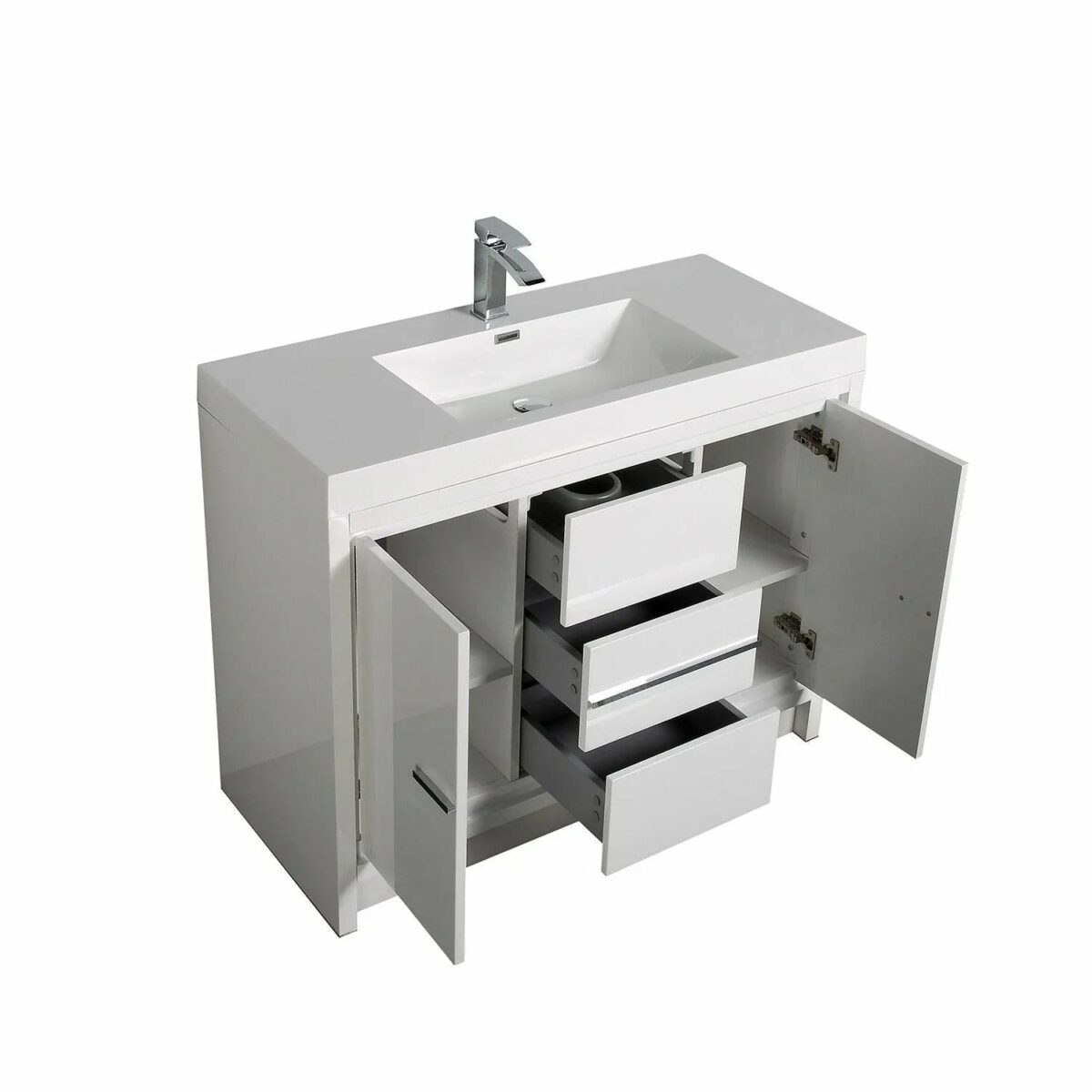 42" Glossy White Freestanding Bathroom Vanity with White Polymarble Countertop - Image 4