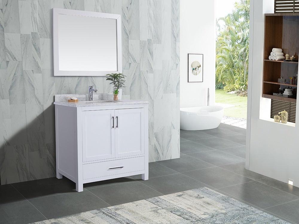 36" White Freestanding Bathroom Vanity with Carrera Marble Countertop - Image 8