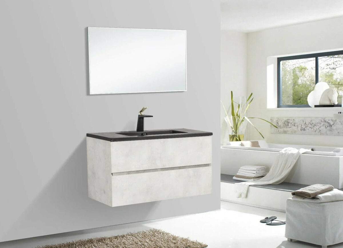 36" Grey Wall Mount Bathroom Vanity with Black Engineered Quartz Countertop - Image 6