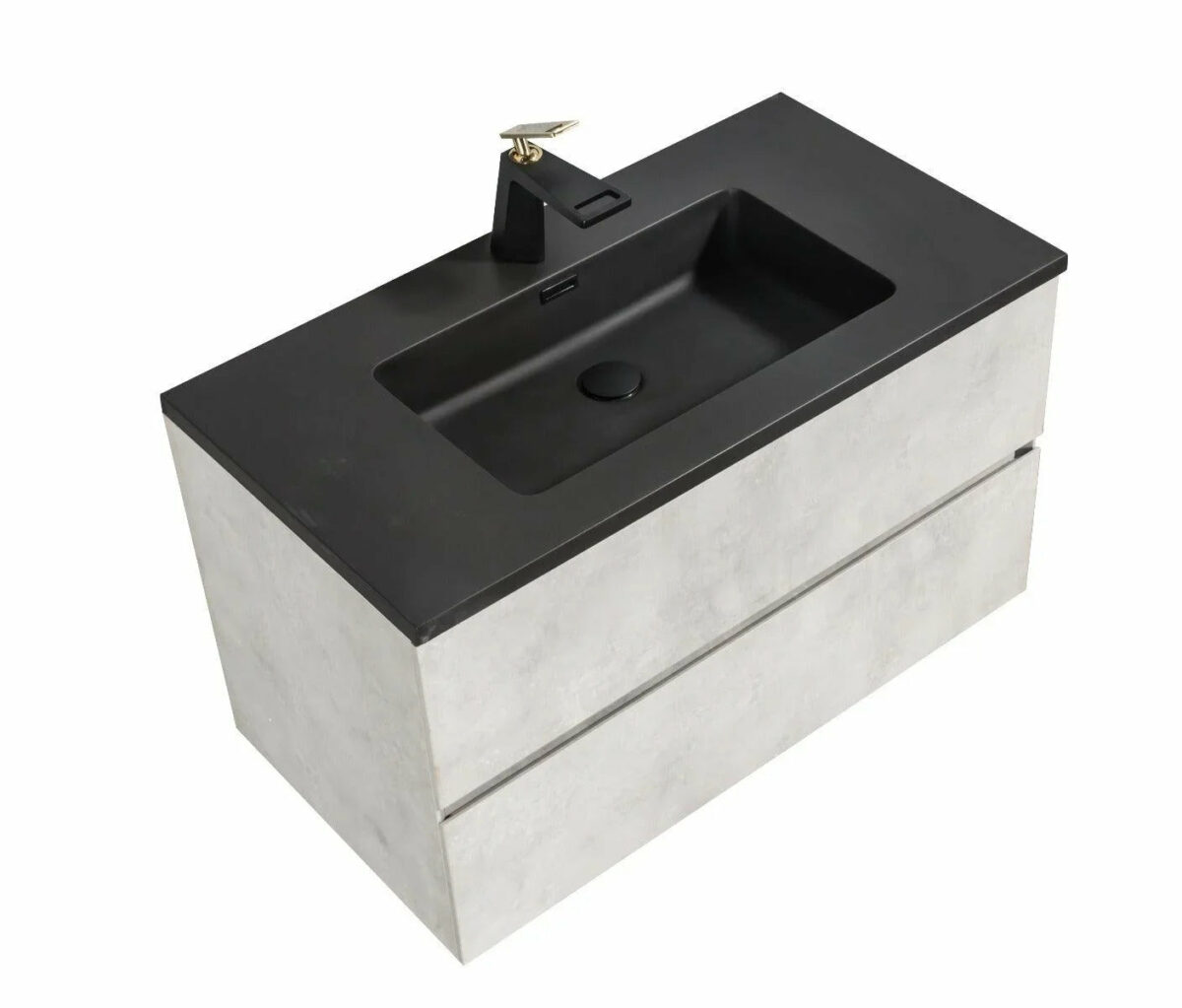 36" Grey Wall Mount Bathroom Vanity with Black Engineered Quartz Countertop - Image 2