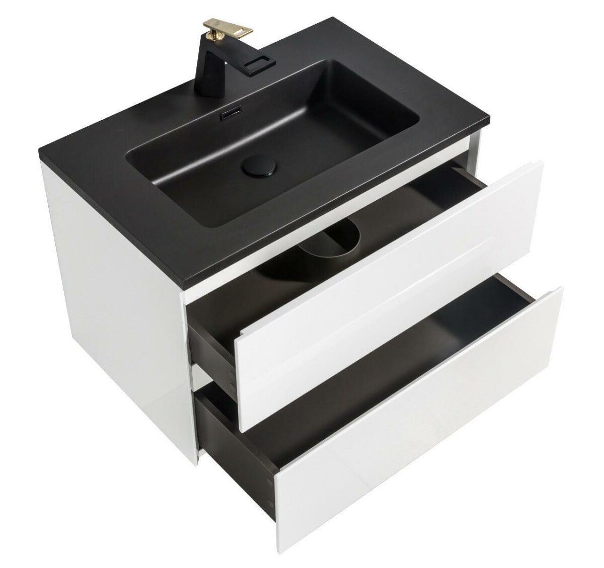 30" White Wall Mount Bathroom Vanity with Black Engineered Quartz Countertop - Image 4