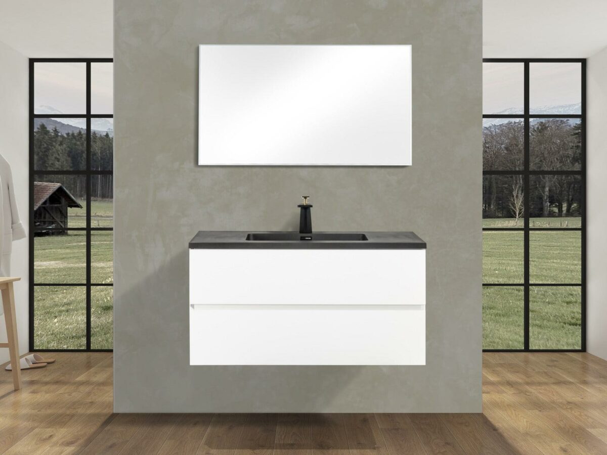 40" White Wall Mount Bathroom Vanity with Black Engineered Quartz Countertop - Image 1