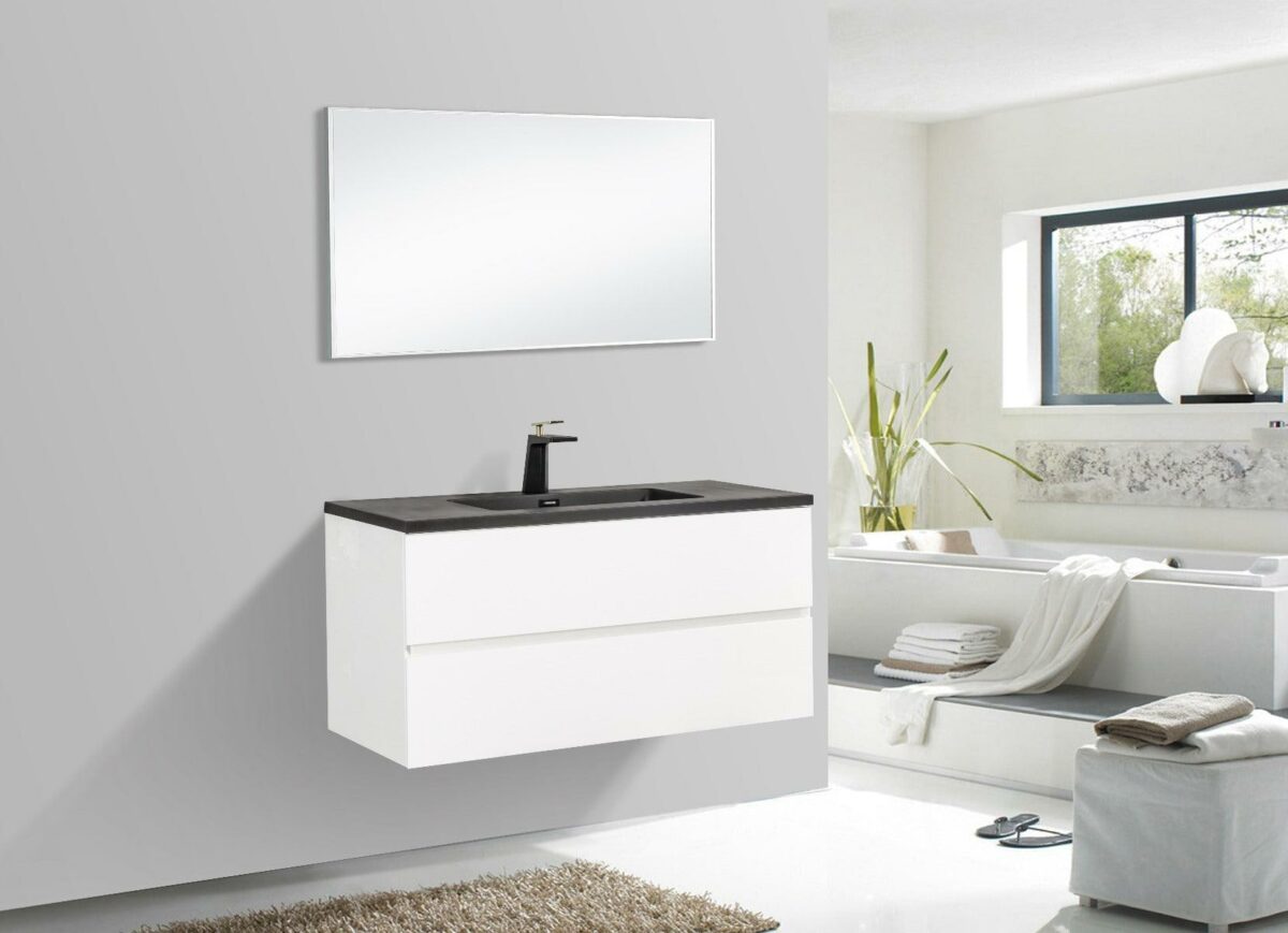 40" White Wall Mount Bathroom Vanity with Black Engineered Quartz Countertop - Image 3