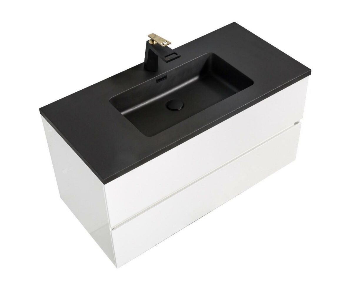 40" White Wall Mount Bathroom Vanity with Black Engineered Quartz Countertop - Image 4