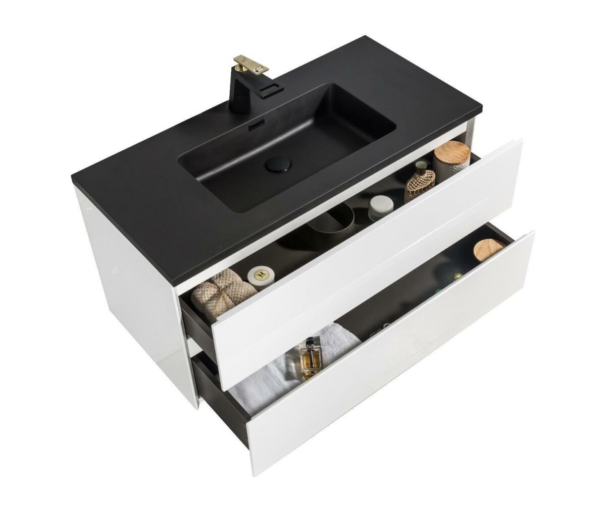 40" White Wall Mount Bathroom Vanity with Black Engineered Quartz Countertop - Image 5