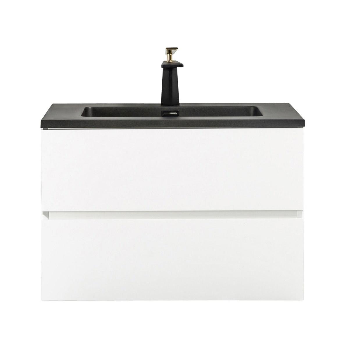 30" White Wall Mount Bathroom Vanity with Black Engineered Quartz Countertop - Image 2