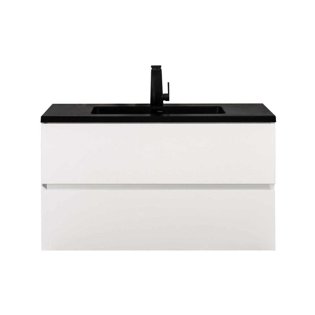 36" White Wall Mount Bathroom Vanity with Black Engineered Quartz Countertop - Image 2