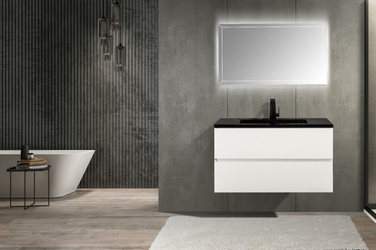 36" White Wall Mount Bathroom Vanity with Black Engineered Quartz Countertop - Image 6