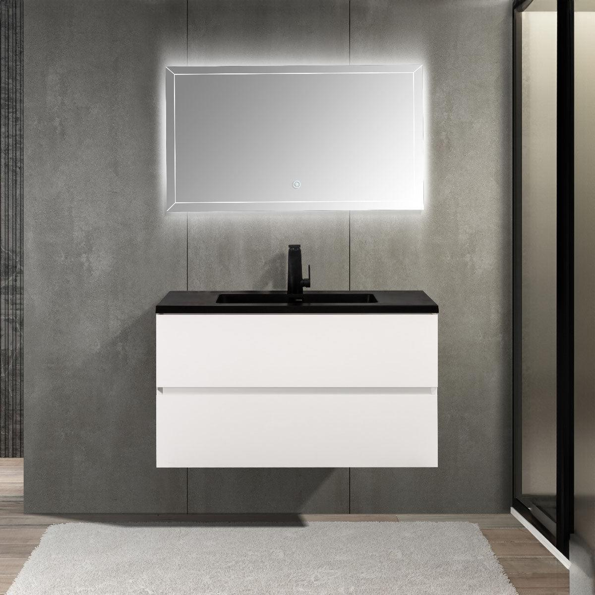 36" White Wall Mount Bathroom Vanity with Black Engineered Quartz Countertop - Image 1