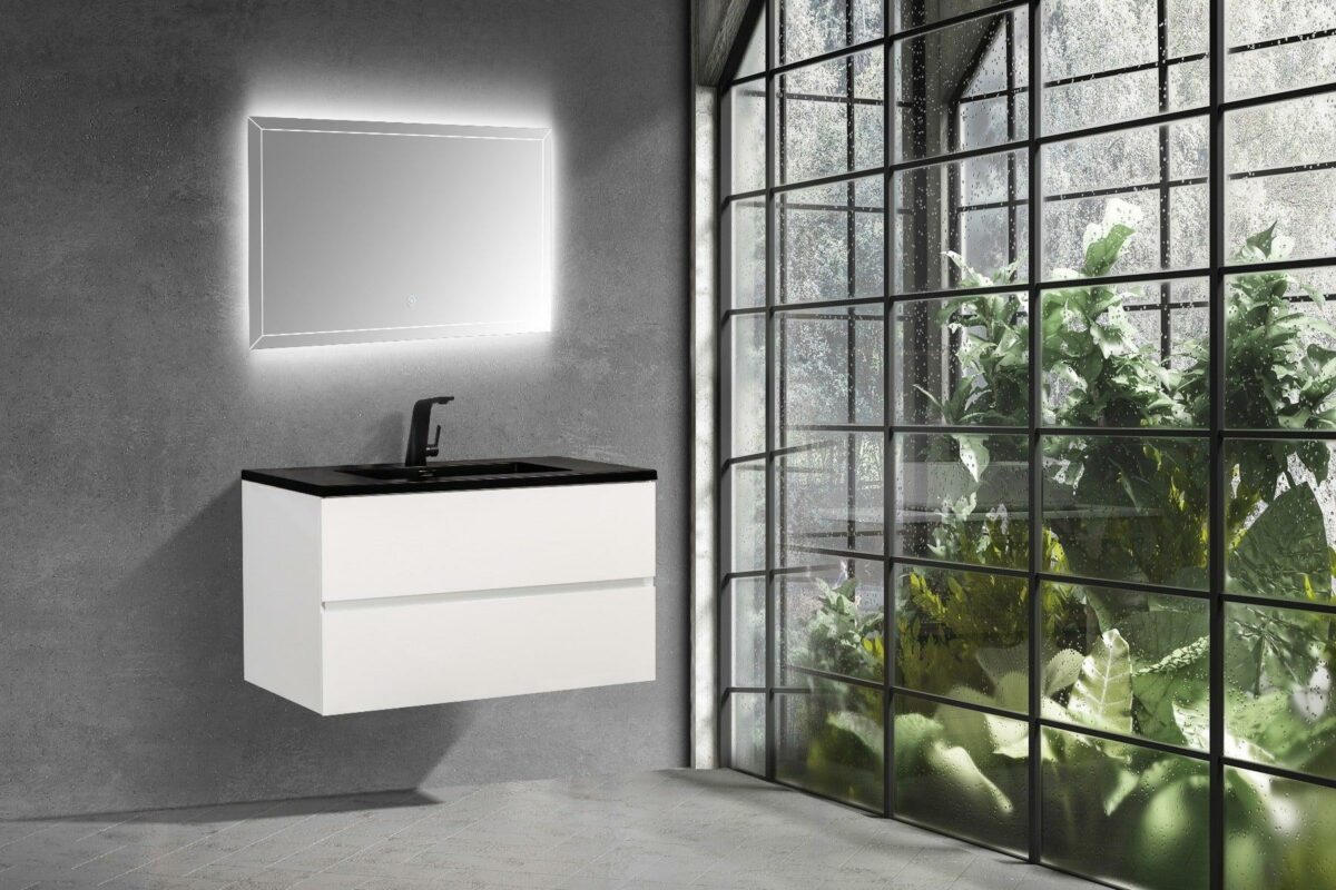36" White Wall Mount Bathroom Vanity with Black Engineered Quartz Countertop - Image 7