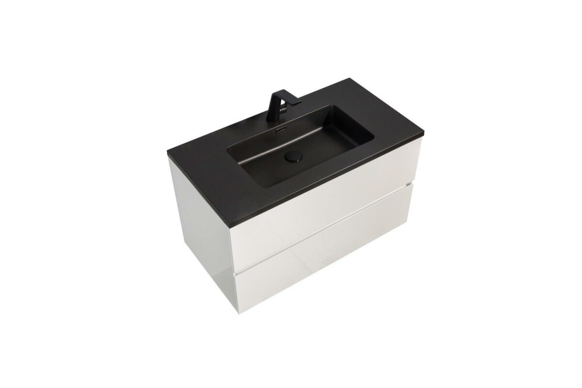 36" White Wall Mount Bathroom Vanity with Black Engineered Quartz Countertop - Image 3