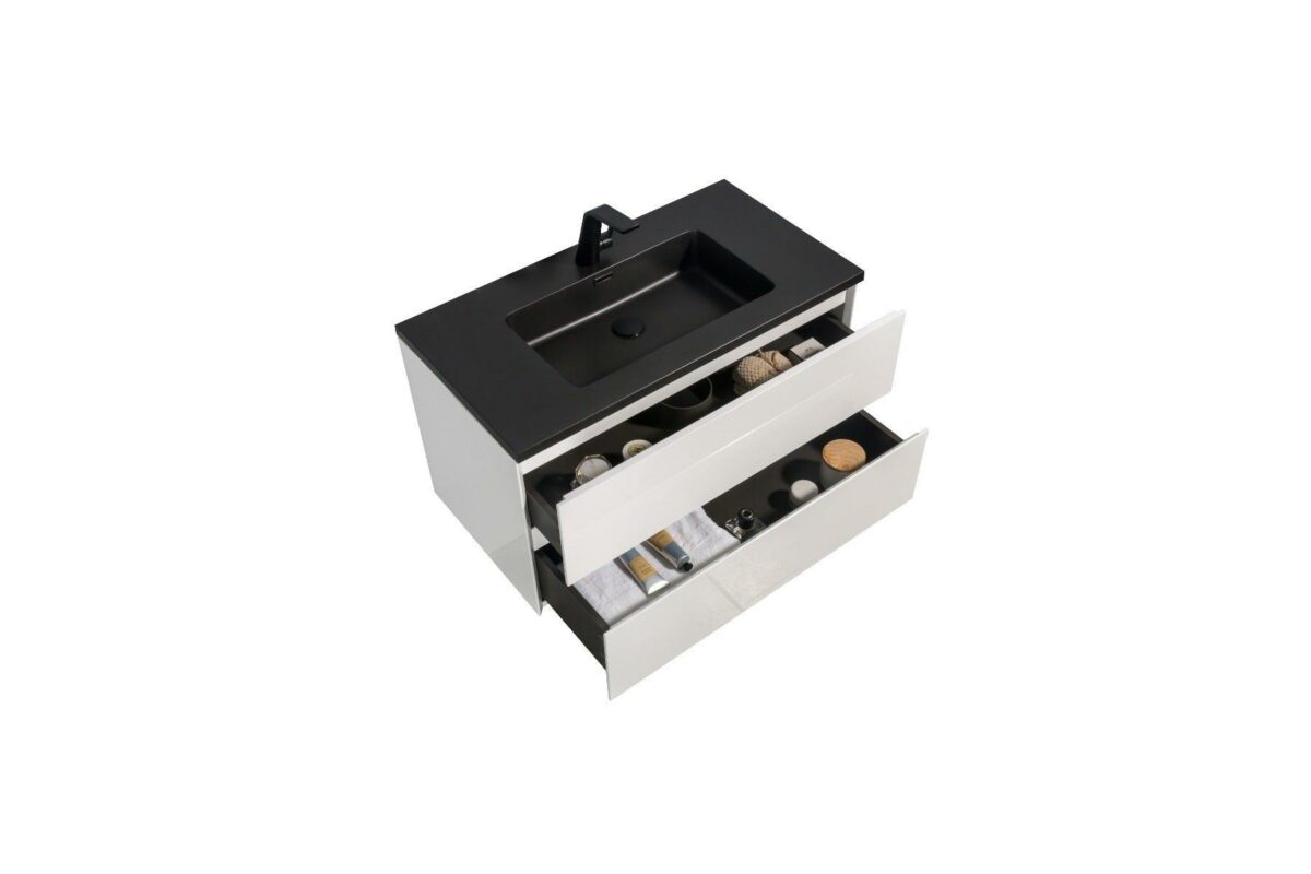 36" White Wall Mount Bathroom Vanity with Black Engineered Quartz Countertop - Image 4