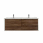 60" Walnut Wall Mount Double Sink Bathroom Vanity with White Polymarble Countertop Fleur - Image 2