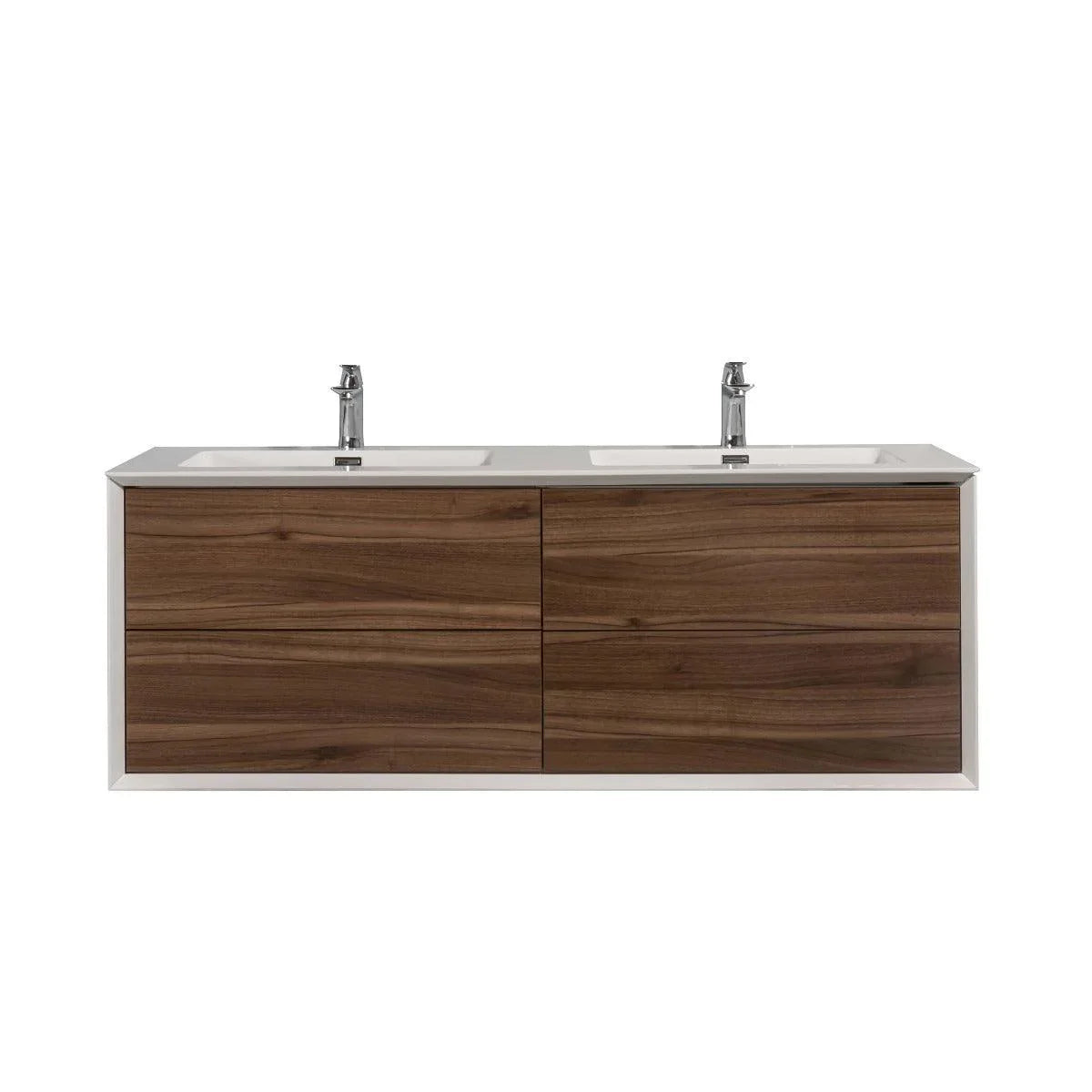 60" Walnut Wall Mount Double Sink Bathroom Vanity with White Polymarble Countertop Fleur – Image 2