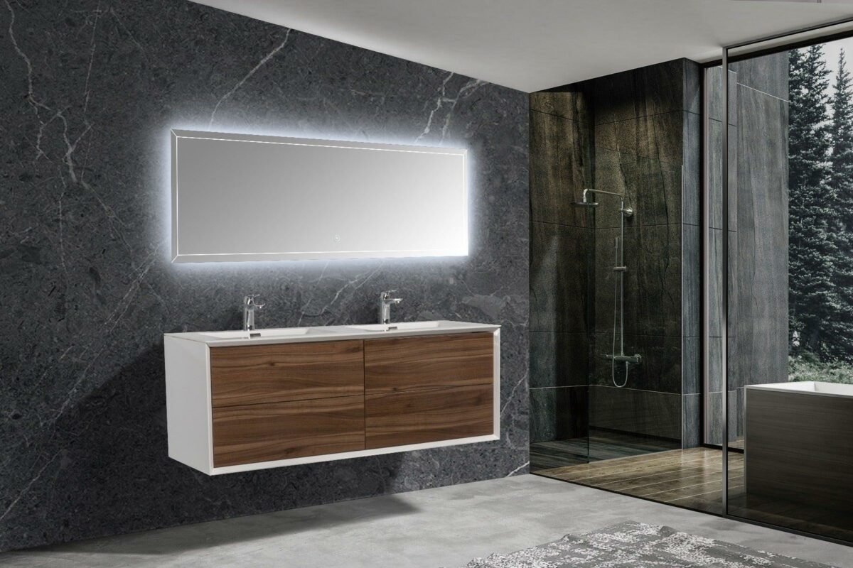 60" Walnut Wall Mount Double Sink Bathroom Vanity with White Polymarble Countertop Fleur - Image 6